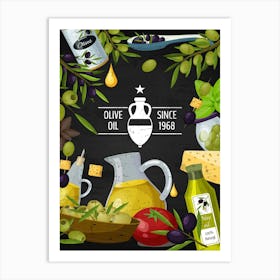 Olive Oil Vector Illustration - olives poster, kitchen wall art Art Print