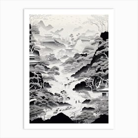 Jigokudani Monkey Park In Nagano, Ukiyo E Black And White Line Art Drawing 3 Art Print