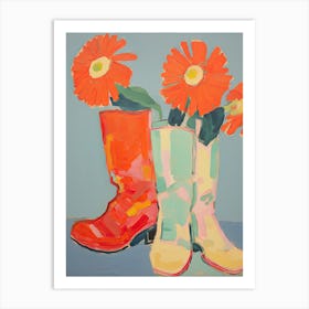 Painting Of Red Flowers And Cowboy Boots, Oil Style 8 Art Print