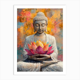 Buddha Holding Colorful Lotus Flower Art Print