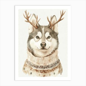 Husky Dog In Christmas Jumper And Reindeer Antlers Neutral Art Print