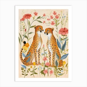 Folksy Floral Animal Drawing Jaguar Art Print