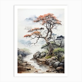 Ritsurin Garden In Kagawa, Japanese Brush Painting, Ukiyo E, Minimal 2 Art Print
