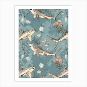 Pastel Blue Shark Watercolour Seascape Pattern 1 Art Print