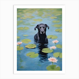 Monet Waterlilies With Black Dog Puppy Art Print