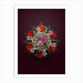 Vintage Mr. Lindley's Hibiscus Floral Wreath on Wine Red n.0115 Art Print