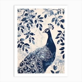 Navy Blue Peacock Leaf Portrait 2 Art Print