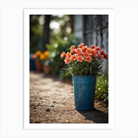 Flowers In A Blue Bucket Art Print