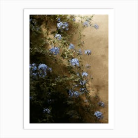 Blue Flowers Against Yellow Wall Oil Painting Art Print