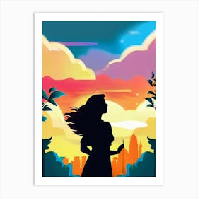 Luxmango Young Woman Looking At Stars And Sky, Dark Illustration Art Print