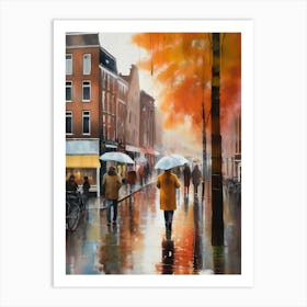 Amsterdam cafes, autumn season, rain, autumn oil colours.Faded colours,People passing on the street, winter clothes, rain umbrellas.6 4 Art Print