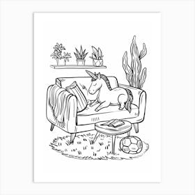 A Unicorn Black & White Doodle Relaxing On The Sofa 1 Art Print