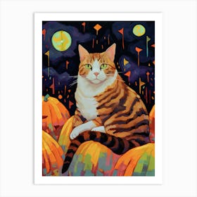 Ginger Cat With Pumpkins Autumn Fall Oil Painting Art Print
