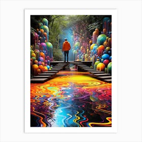 Man Walks Through A Colorful Tunnel. Hypnotic Optical Illusion. Art Print