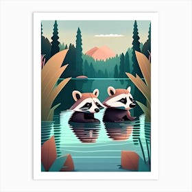 Two Curious Raccoons Swimming In A Lake Art Print