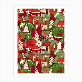 Abstract Red, Green, White Scandinavian Christmas Patchwork Art Print