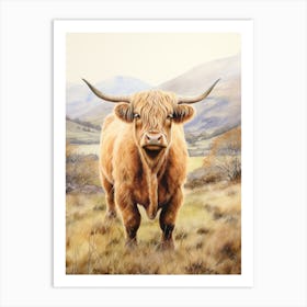 Highland Cow With Rolling Hills Watercolour 3 Art Print