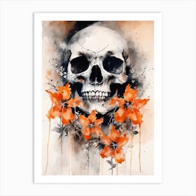 Abstract Skull Orange Flowers Painting (24) Art Print