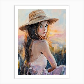 A Woman In A Straw Hat Sits In The Sunset 1 Art Print