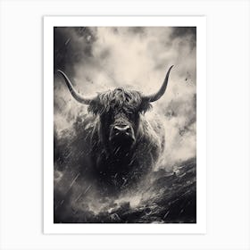 Moody Black & White Illustration Of Highland Cow In The Storm Art Print
