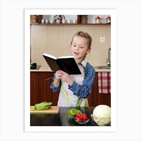 Little Girl Reading Book In Kitchen Photo Art Print