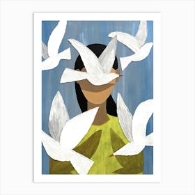 Girl and doves aesthetic drawing Art Print