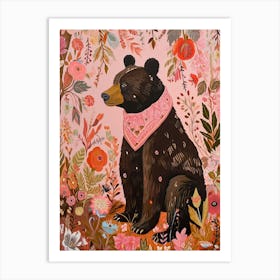 Floral Animal Painting Brown Bear 4 Art Print
