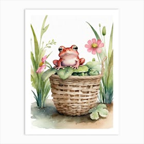 Cute Pink Frog In A Floral Basket (8) Art Print