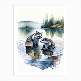 Raccoons In The Lake Abstract Watercolour Art Print