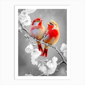 Two Birds Perched On A Branch 1 Art Print