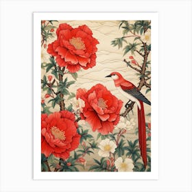 Red Camellia And Bird Vintage Japanese Botanical Art Print
