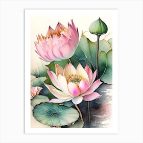 Lotus Flowers In Garden Watercolour Ink Pencil 1 Art Print