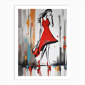 Girl In Red Dress Art Print