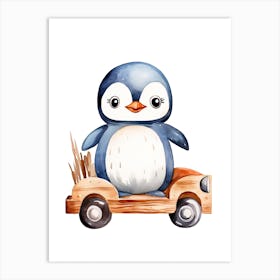 Baby Penguin On A Toy Car, Watercolour Nursery 2 Art Print
