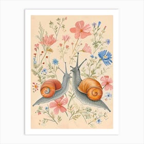 Folksy Floral Animal Drawing Snail Art Print