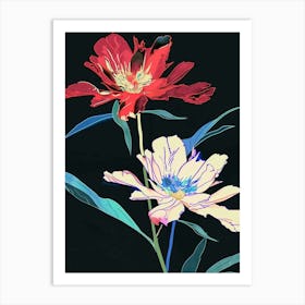 Neon Flowers On Black Peony 1 Art Print