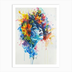 Watercolor Of A Woman With Flowers Art Print