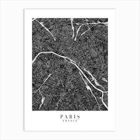Paris France Minimal Black Mono Street Map  Art Print