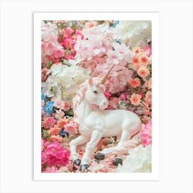 Toy Unicorn Surrounded By Flowers 1 Art Print