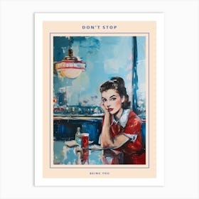 American Diner Retro Woman Portrait Red & Blue Poster Art Print