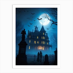 Frightened Souls Hovering Over A Victorian Mansion On A Dark Halloween Night Silhouetted Against A (3) Art Print