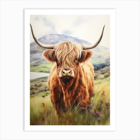 Watercolour Mountain Highland Cow 1 Art Print