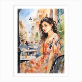 At A Cafe In Barcelona Spain 2 Watercolour Art Print