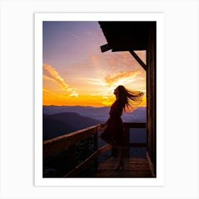 Woman Basking In Sunsets Glow On A Mountain Porch Silhouette Against A Sky Painted With Hues Of Or (4) Art Print