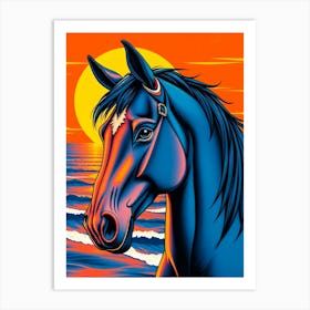 Horse at The Ocean Color Illustration Art Print