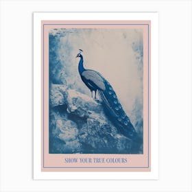 Navy Blue Peacock Portrait Cyanotype Inspired 2 Poster Art Print