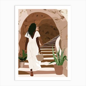 Woman In White Walking Down The Stairs Art Print