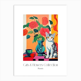 Cats & Flowers Collection Rose Flower Vase And A Cat, A Painting In The Style Of Matisse 3 Art Print