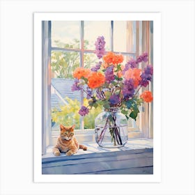 Cat With Azalea Flowers Watercolor Mothers Day Valentines 1 Art Print