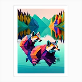 Two Raccoons Swimming In Lake Modern Geometric Aqua Art Print